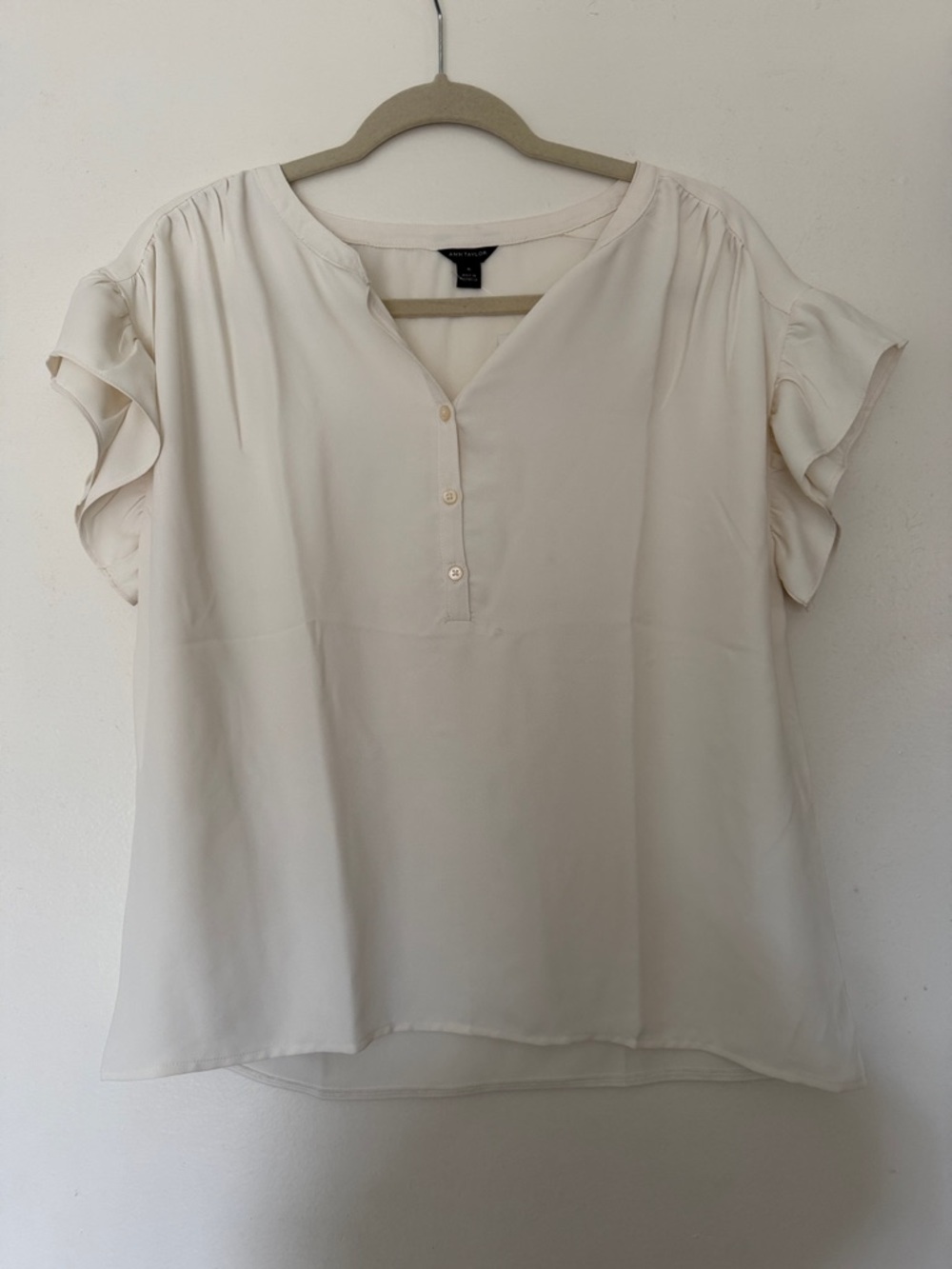 Ann Taylor Cream Short Sleeve Ruffle Henley Blouse